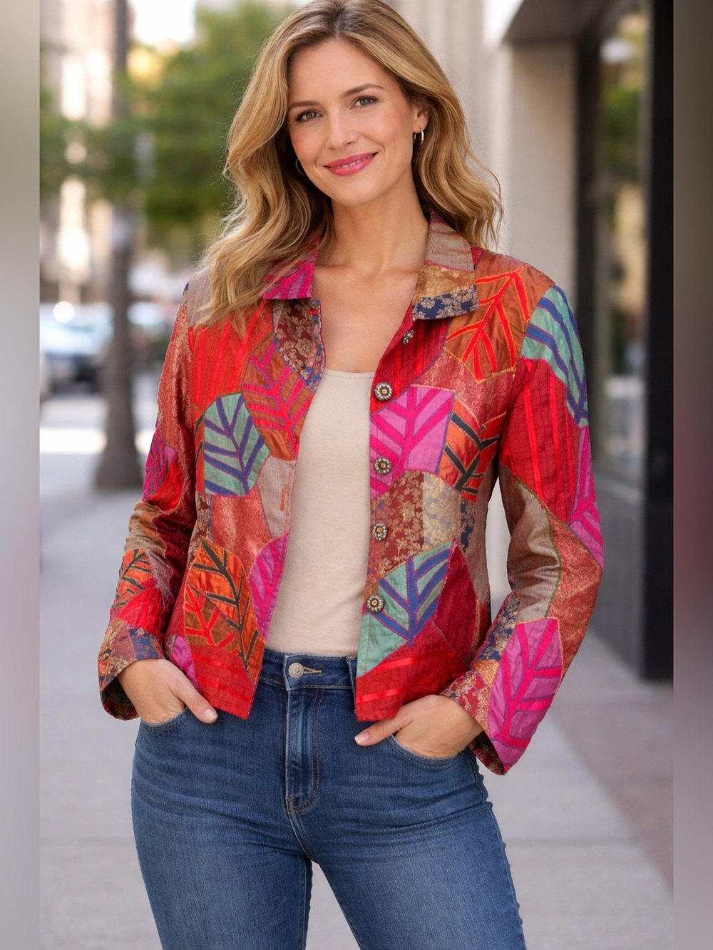 Anage patchwork blazer featuring and embroidered details and beaded buttonsD(M)